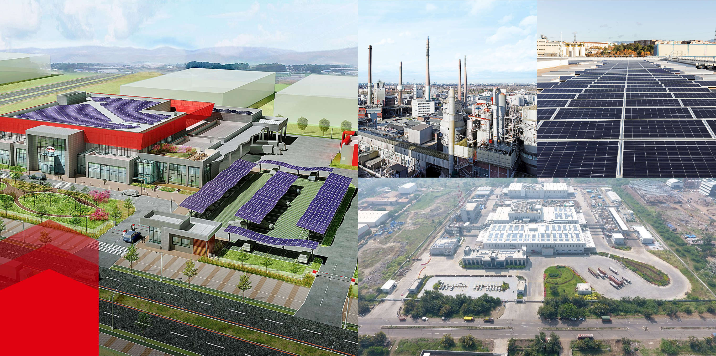 Collage de fotos de edificios con paneles solares y grandes fábricas