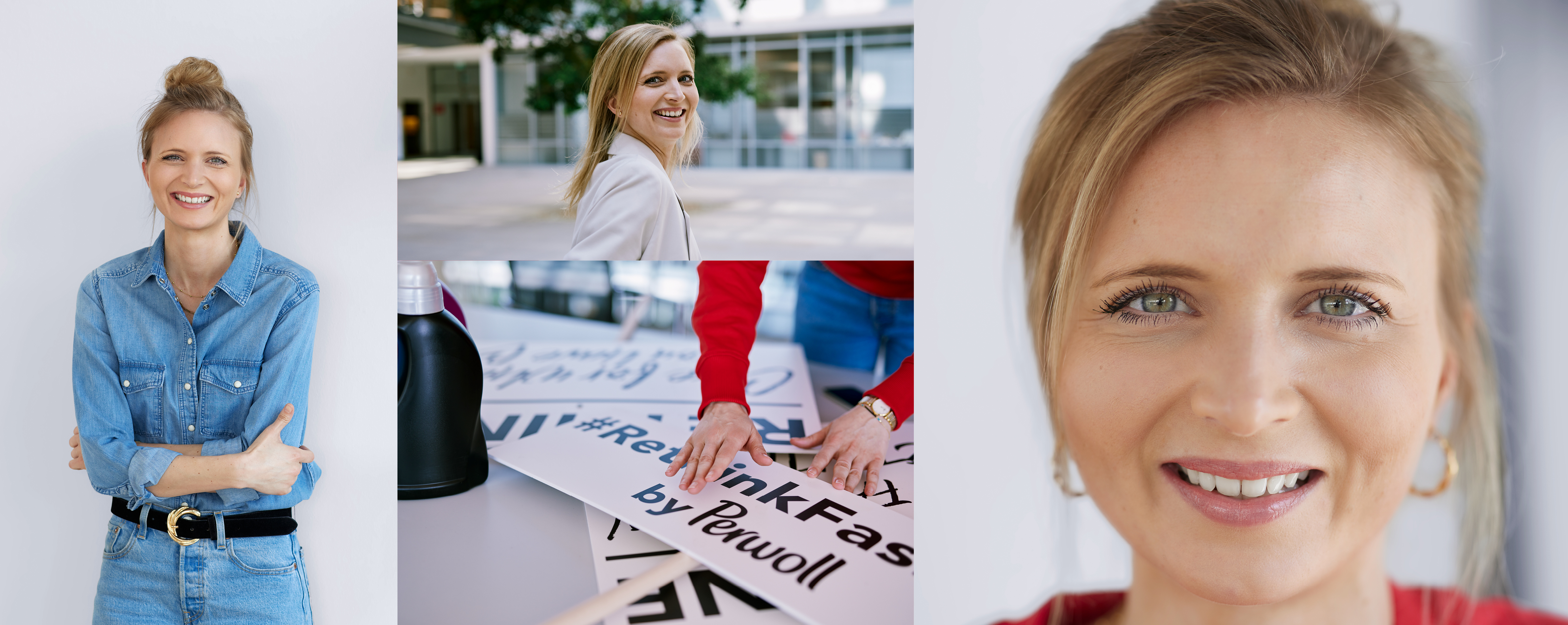 Una empleada de Henkel delante de su lugar de trabajo. Posa para la cámara, ordena los carteles de la campaña #Rethink Fashion de Persil, y está sonriendo.