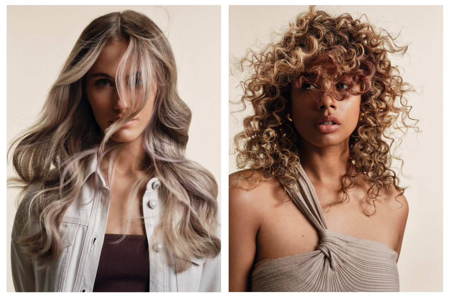 Dos peinados rubios: a la izquierda, cabello largo con ondas suaves y reflejos fríos; a la derecha, cabello rizado con tonos cálidos y acabado brillante.