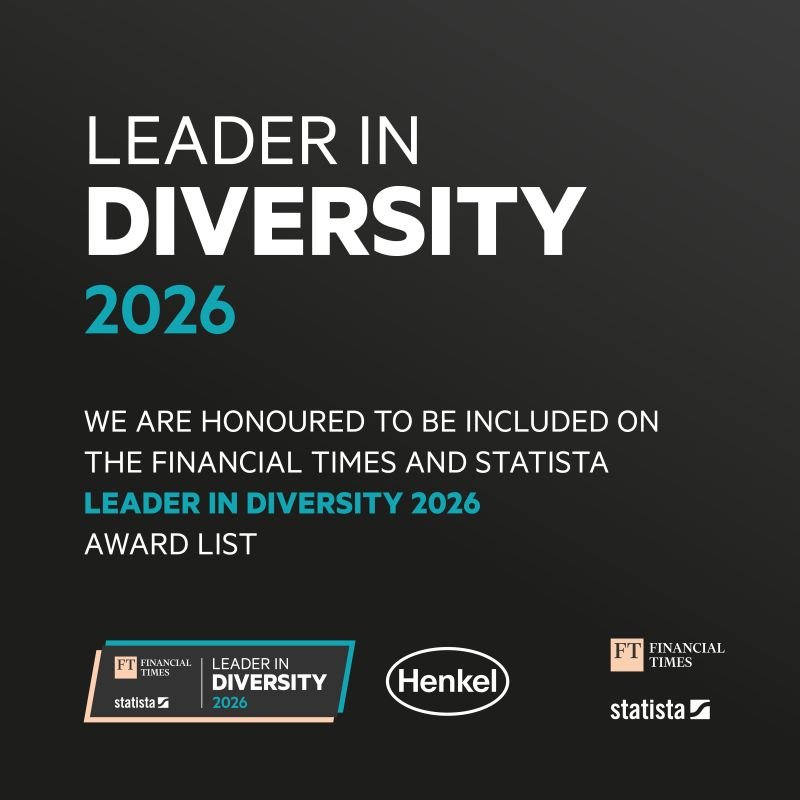 Gráfico corporativo sobre fondo oscuro con el texto “Leader in Diversity 2026” y un mensaje que anuncia la inclusión de Henkel en la lista Leader in Diversity 2026 elaborada por Financial Times y Statista. En la parte inferior aparecen los logotipos de Financial Times, Statista y Henkel.