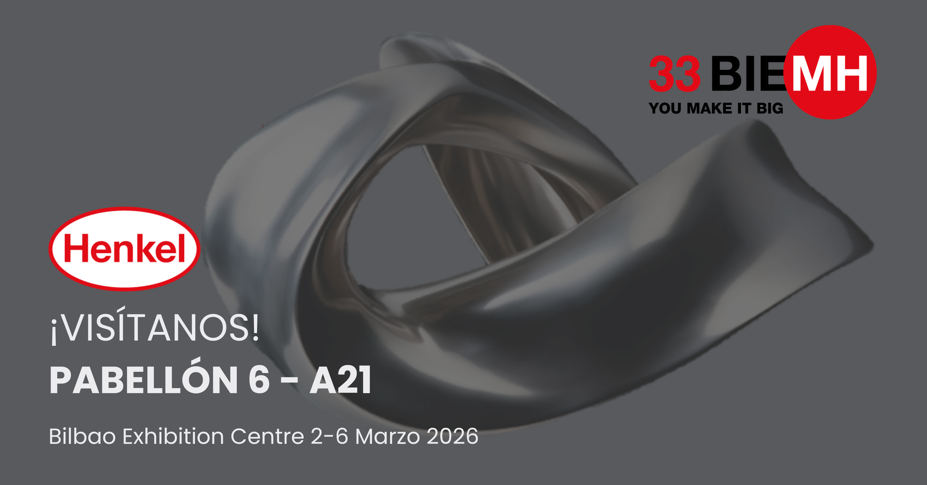 Imagen promocional de Henkel para BIEMH33, con el logo de Henkel, un diseño metálico en el centro, información del stand “Pabellón 6 – A21”.