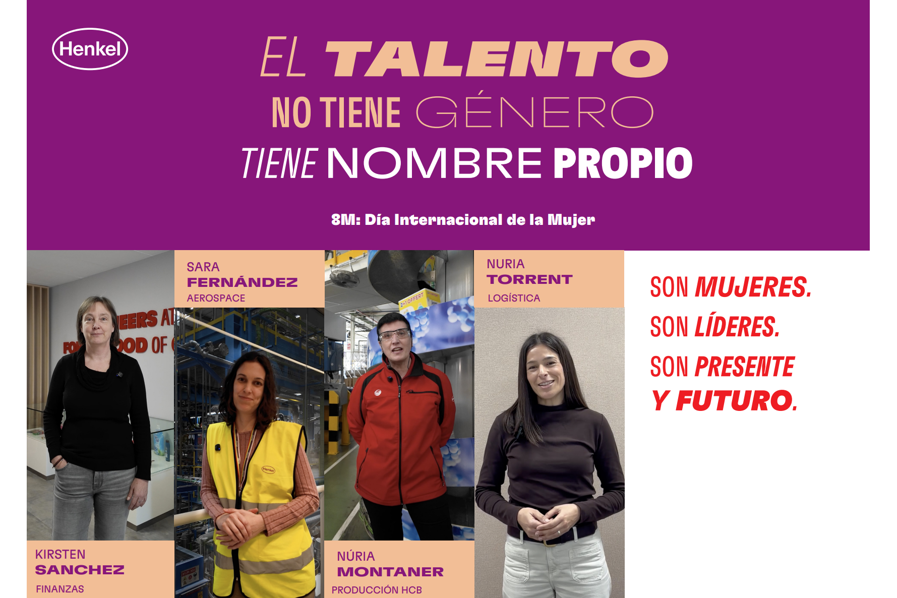 Creatividad de Henkel Ibérica para el 8M con mensajes sobre talento y liderazgo y fotografías de profesionales.
