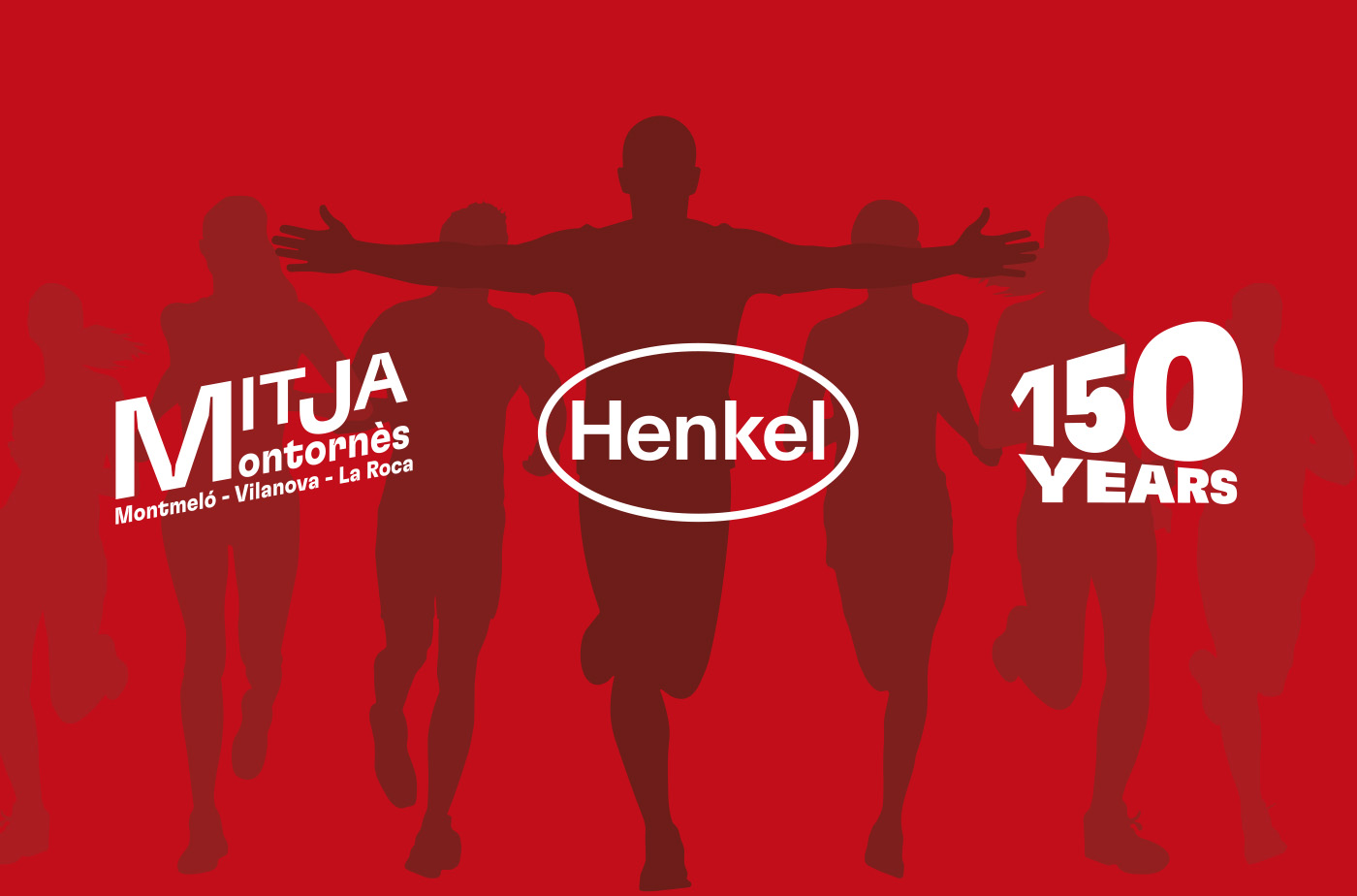Ilustración en tonos rojos de varios corredores cruzando la meta, con los logotipos de Henkel, la Mitja Marató de Montornès y el sello del 150 aniversario.