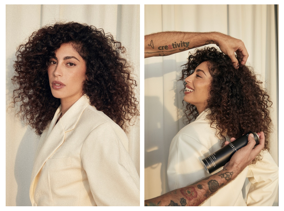 Collage con dos imágenes de un look de rizos XXL con volumen, definición y movimiento natural, trabajado con productos de Session Label de Schwarzkopf Professional.