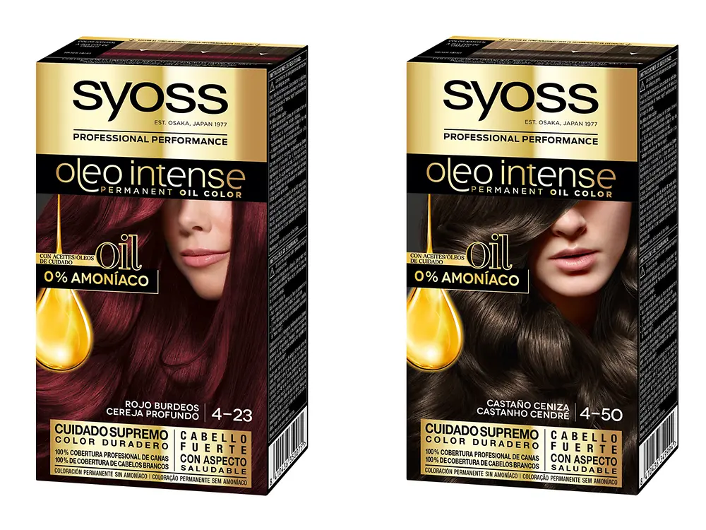 Nuevos tonos de Syoss Oleo Intense: Castaño Ceniza 4-50 y Rojo Burdeos 4-23.