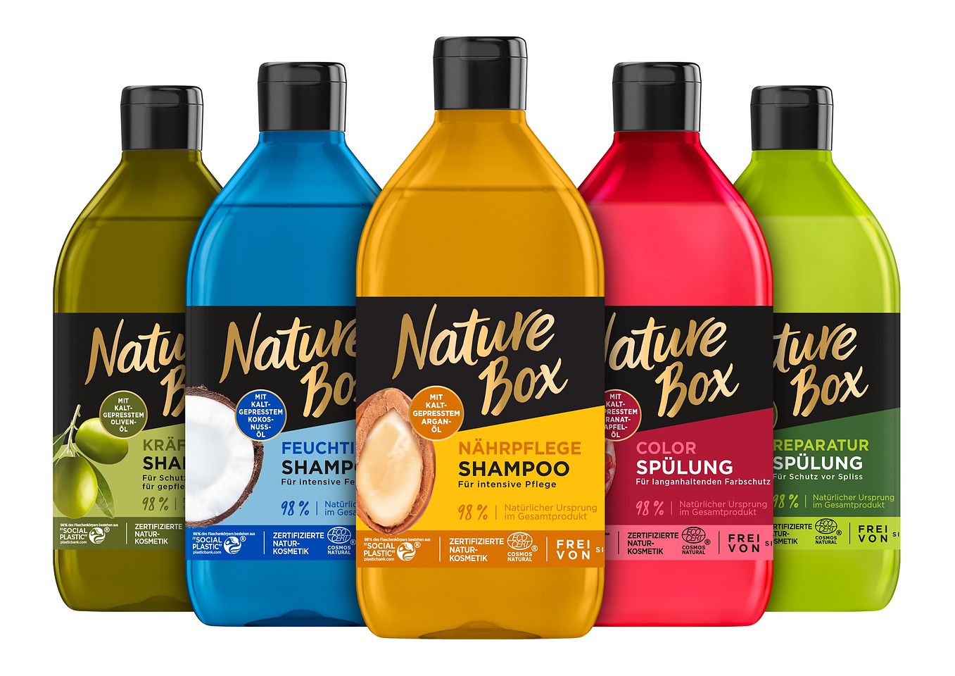 Five colorful bottles of Nature Box lined up next to each other.