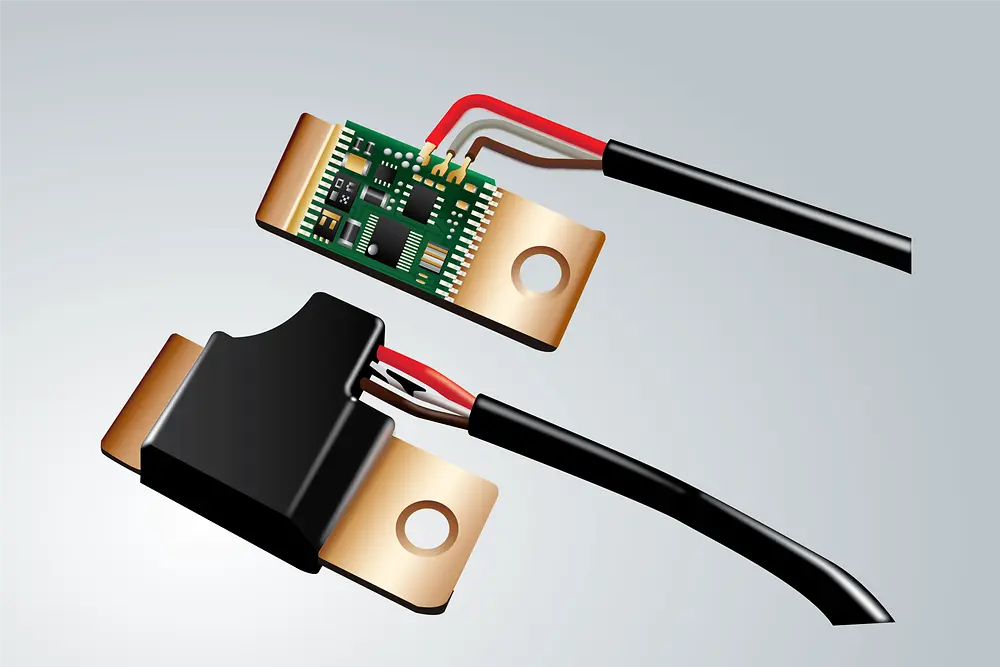 Battery sensor circuit board before and after low pressure molding process. Electronic parts get protected against moisture, chemical exposure and high temperature.