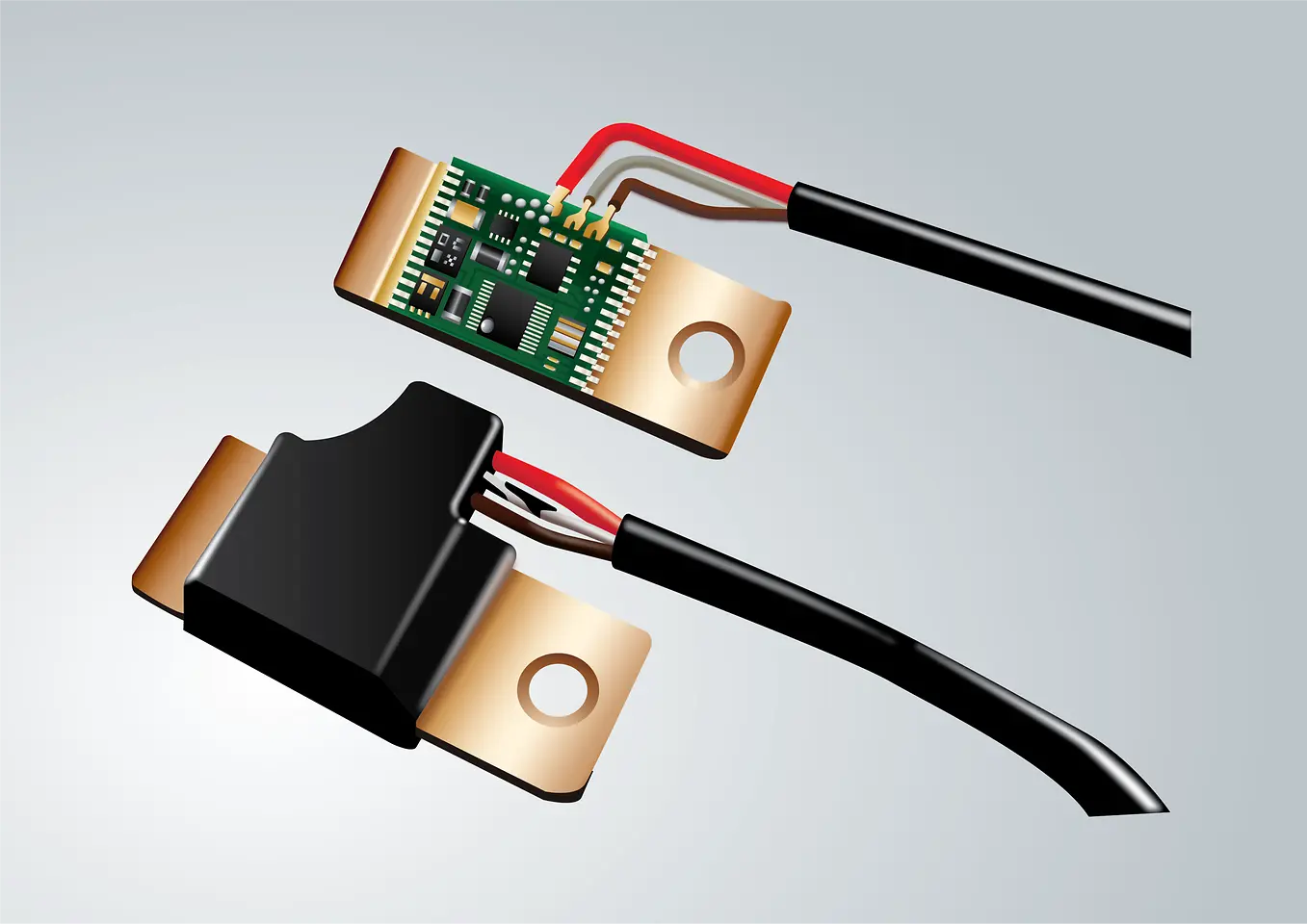 Battery sensor circuit board before and after low pressure molding process. Electronic parts get protected against moisture, chemical exposure and high temperature.