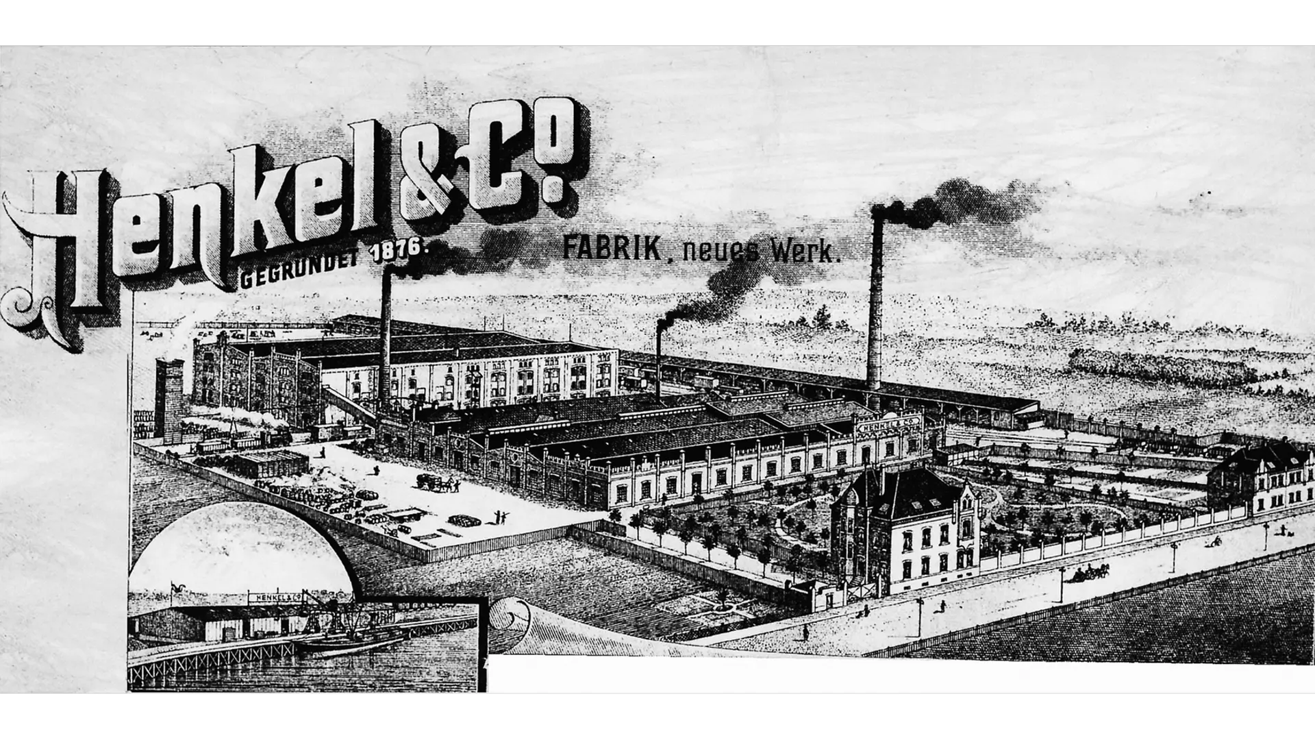 Membrete de Henkel con una imagen de la planta en Holthausen y una sección del puerto de Reisholz en la esquina inferior izquierda.