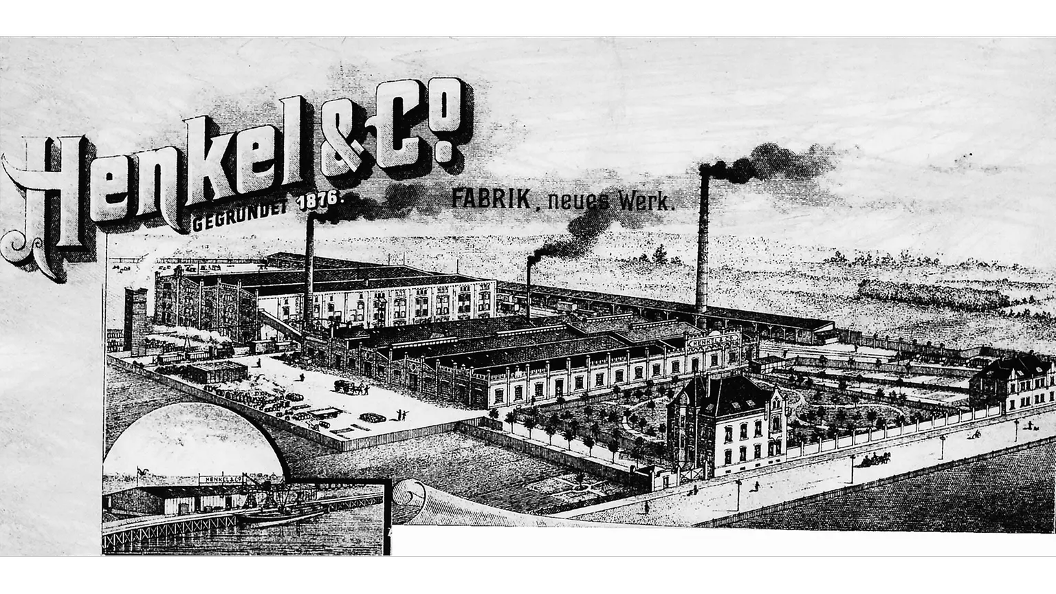 Membrete de Henkel con una imagen de la planta en Holthausen y una sección del puerto de Reisholz en la esquina inferior izquierda.