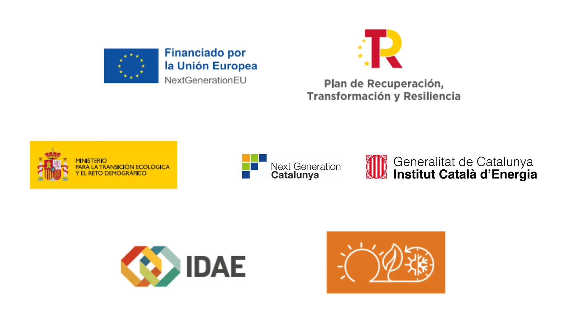 Identidades visuales de NextGenerationEU, Plan de Recuperación, Transformación y Resiliencia, Ministerio para la Transición Ecológica y el Reto Demográfico, Next Generation Catalunya, ICAEN e IDAE