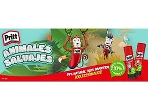 Mono y cebra animados con barras Pritt en una selva. Promoción 97% natural y colección Animales Salvajes.