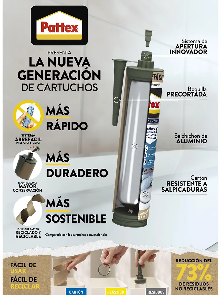 Póster con beneficios del nuevo cartucho Pattex: apertura fácil, conservación mejorada y envase reciclable.