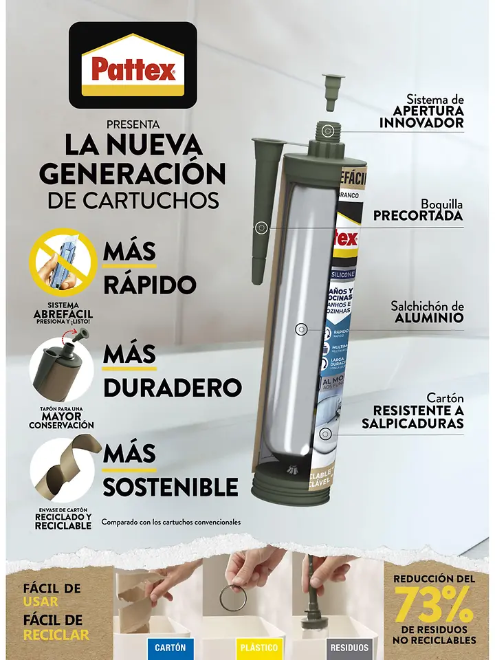 Póster con beneficios del nuevo cartucho Pattex: apertura fácil, conservación mejorada y envase reciclable.