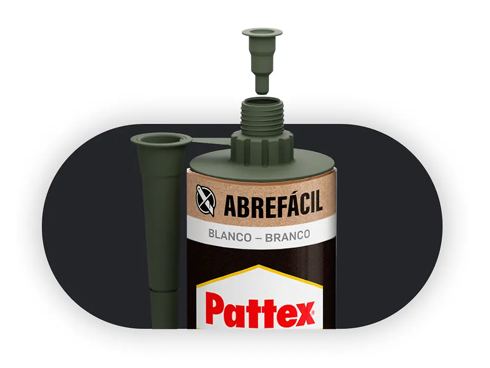 Cartucho Pattex con etiqueta “Abrefácil Blanco” y boquilla aplicadora.