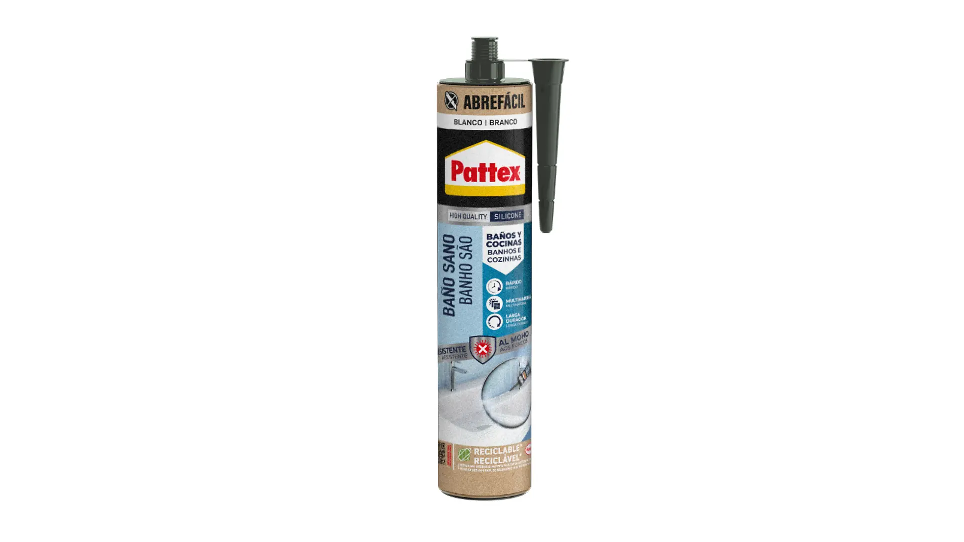 Cartucho Pattex Abrefácil Blanco para baños, con boquilla aplicadora y propiedades antifúngicas.