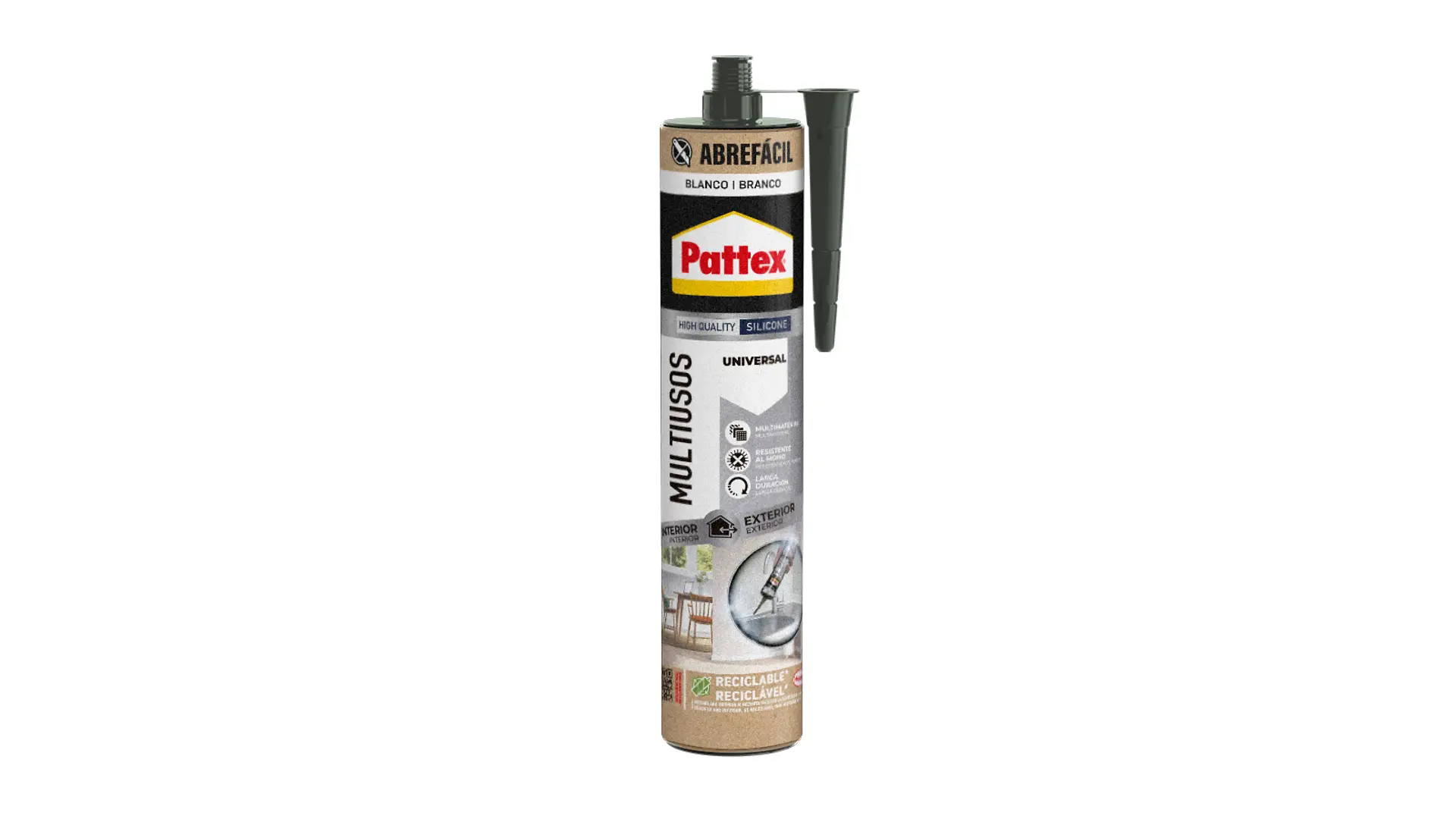 Cartucho Pattex Multiusos Abrefácil Blanco con iconos de aplicación y reciclaje.