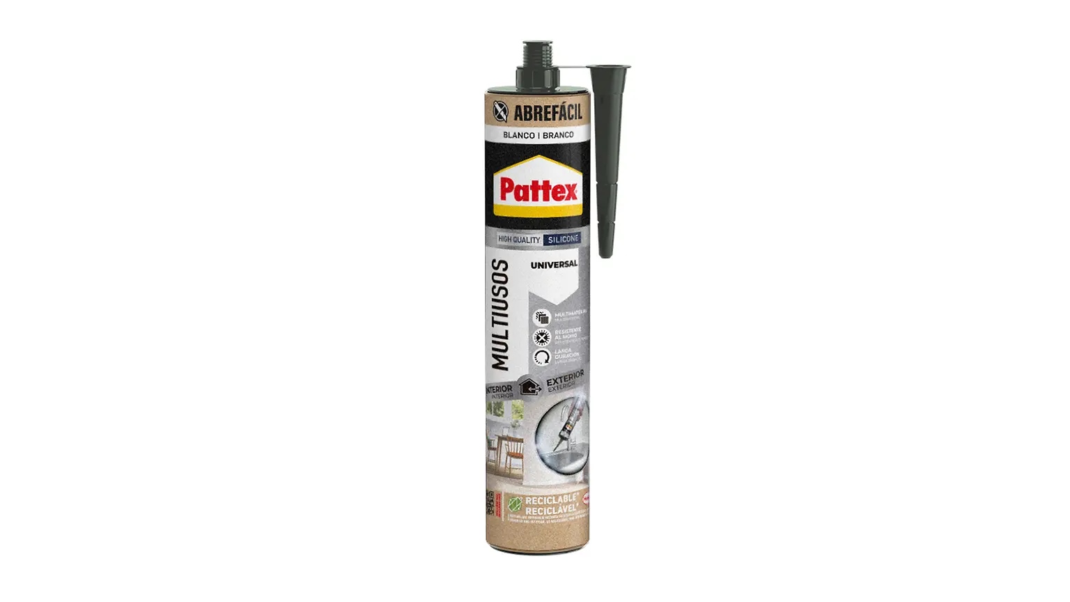 Cartucho Pattex Multiusos Abrefácil Blanco con iconos de aplicación y reciclaje.