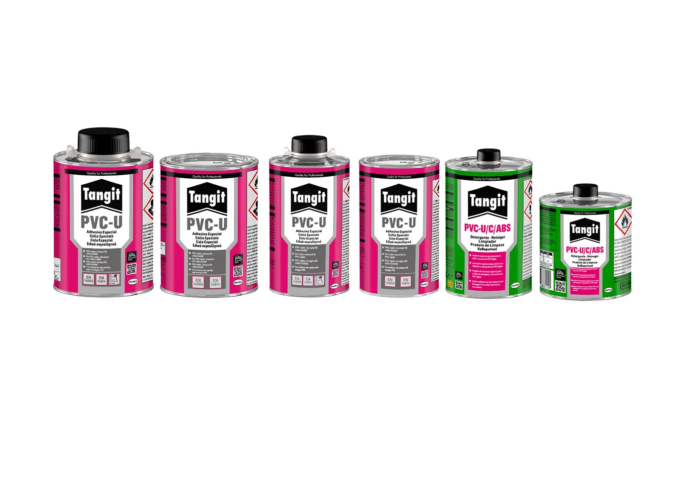 Seis envases Tangit alineados, incluyendo adhesivos PVC-U y limpiadores PVC-U/C/ABS en colores rosa y verde.