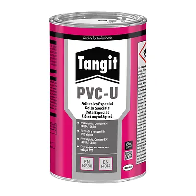 Lata rosa Tangit PVC-U con tapa metálica.