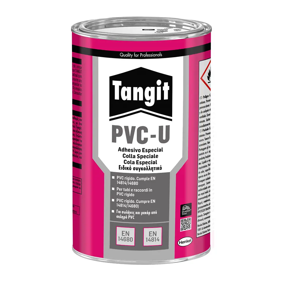 Lata rosa Tangit PVC-U con tapa metálica.