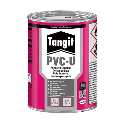 Lata rosa Tangit PVC-U con tapa plateada.