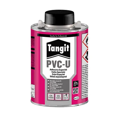 Envase corto Tangit PVC-U con tapón negro.