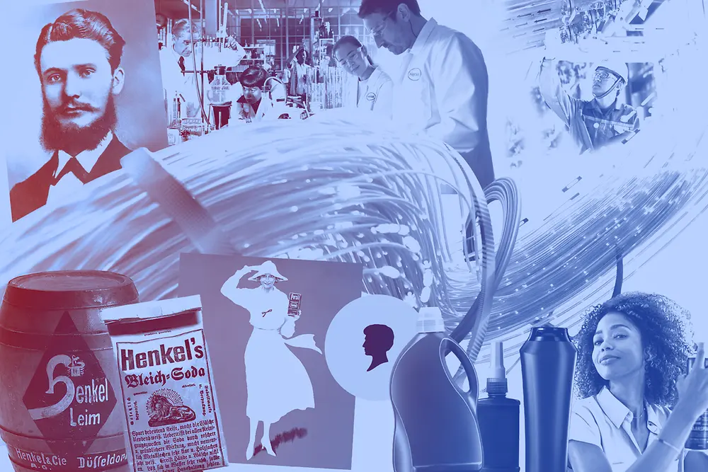 Collage de productos vintage de Henkel, botellas de detergente, trabajadores de laboratorio y anuncios históricos en tonos azules.