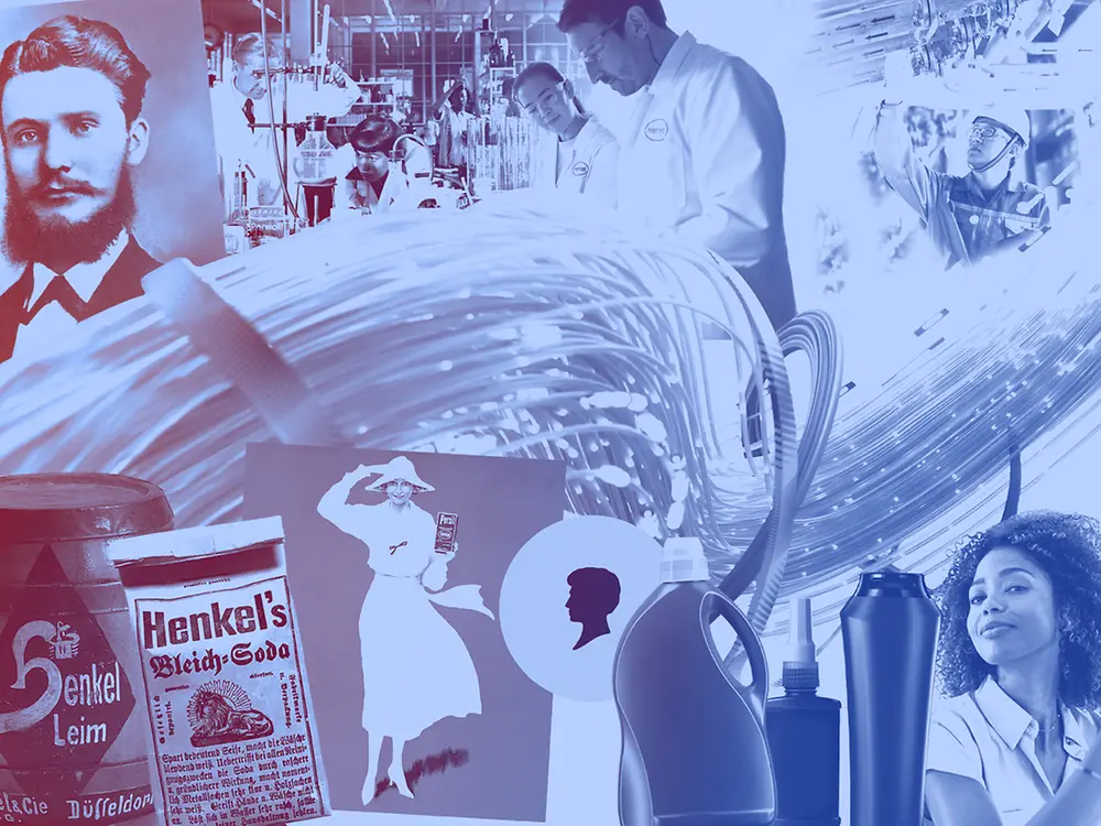 Collage de productos vintage de Henkel, botellas de detergente, trabajadores de laboratorio y anuncios históricos en tonos azules.