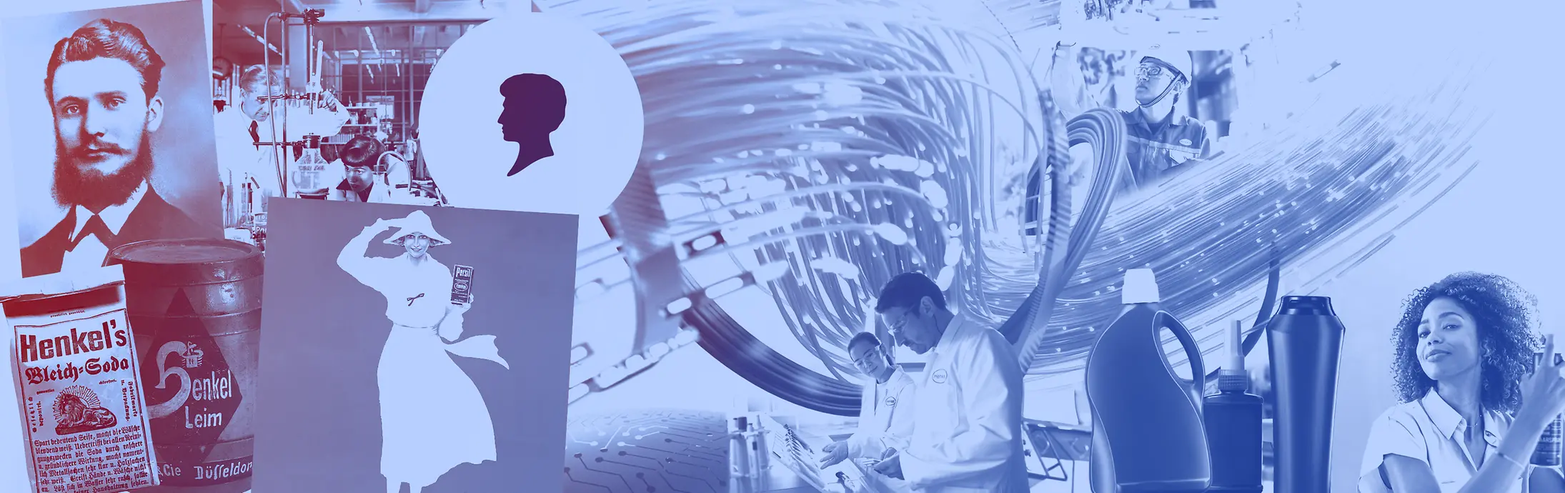 Collage de productos vintage Henkel, botellas detergentes, trabajadores de laboratorio y publicidad histórica en tonos azules.