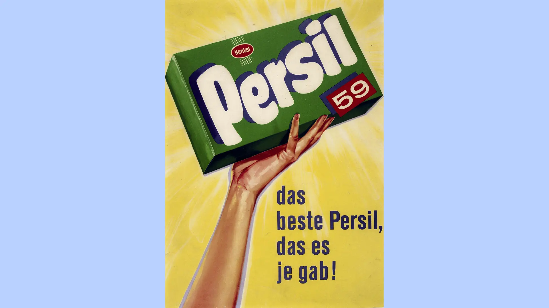 Un cartel publicitario verde que muestra un paquete de detergente Persil 59.