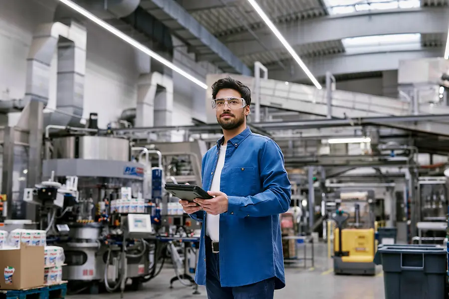Hombre de pie en una moderna planta de producción, con una tableta en la mano y gafas de seguridad, que representa la innovación y la digitalización en la fabricación en Henkel.