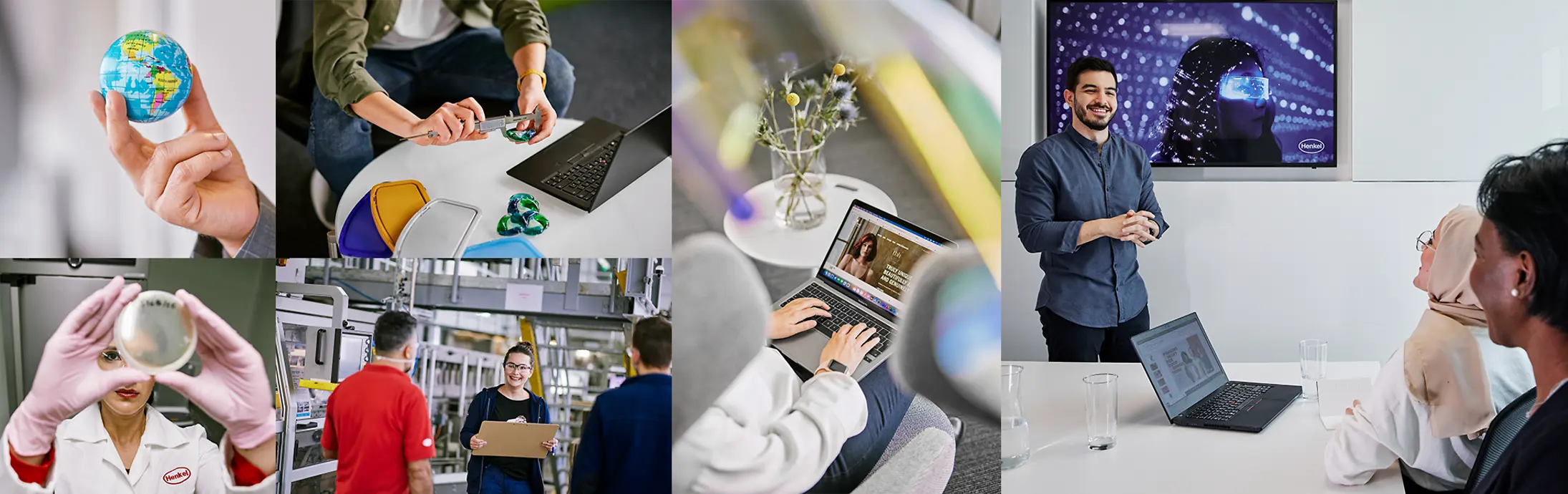 Un collage de seis imágenes que muestran un globo terráqueo, una persona trabajando en un laboratorio, personas trabajando en mesas y una escena de una reunión y una presentación.