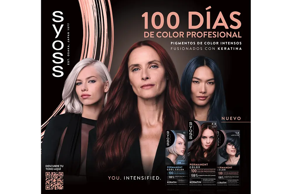  Imagen promocional de Syoss Permanent Color mostrando tres tonos de cabello (gris, castaño rojizo y azul oscuro) junto a cajas del producto y el texto “100 días de color profesional” y “pigmentos de color intensos fusionados con keratina”.