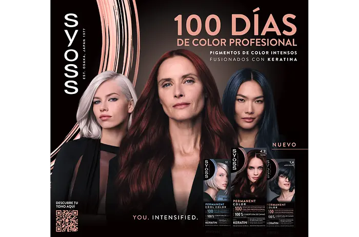  Imagen promocional de Syoss Permanent Color mostrando tres tonos de cabello (gris, castaño rojizo y azul oscuro) junto a cajas del producto y el texto “100 días de color profesional” y “pigmentos de color intensos fusionados con keratina”.