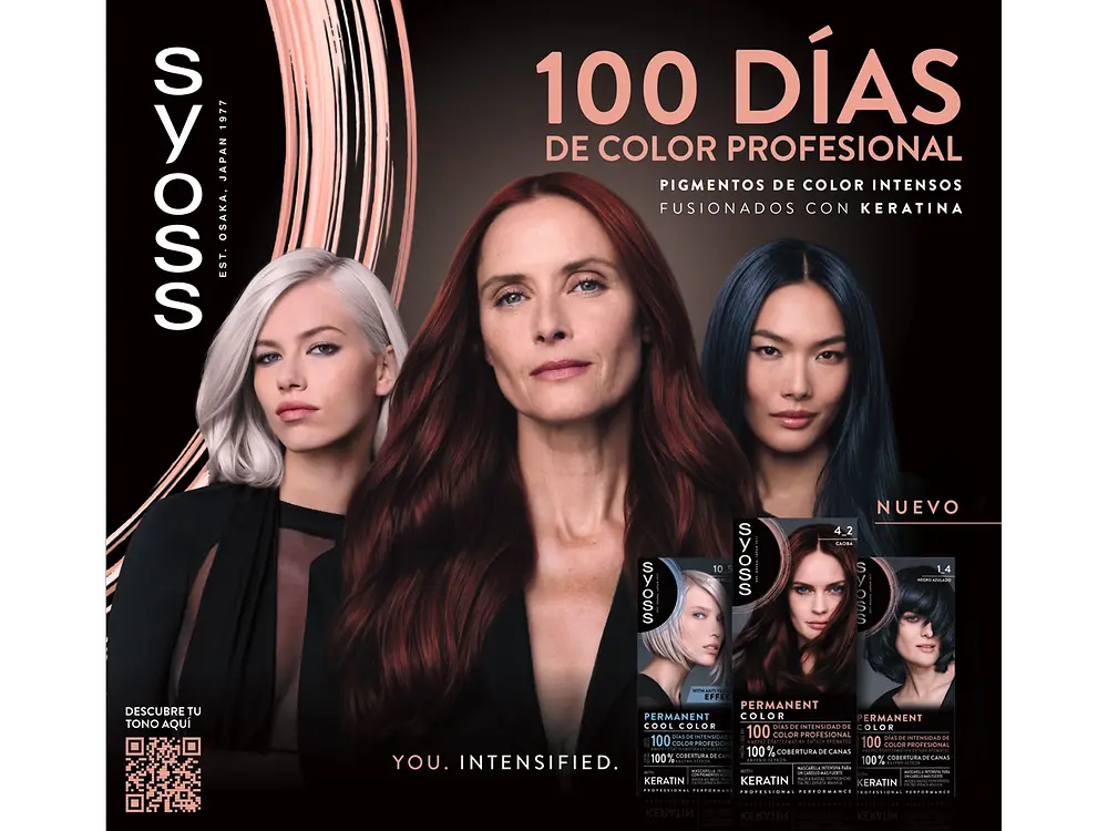  Imagen promocional de Syoss Permanent Color mostrando tres tonos de cabello (gris, castaño rojizo y azul oscuro) junto a cajas del producto y el texto “100 días de color profesional” y “pigmentos de color intensos fusionados con keratina”.