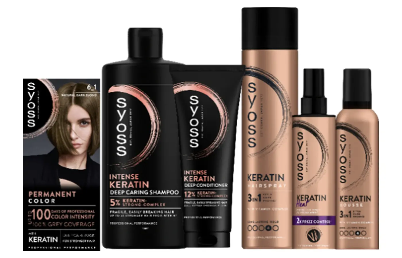 Imagen con productos Syoss: caja de coloración permanente y cinco productos de la gama Intense Keratin (champú, acondicionador profundo, laca, spray y mousse) en envases negros y cobre, destacando beneficios como cobertura total de canas, 100 días de intensidad y fórmulas con complejo de keratina.