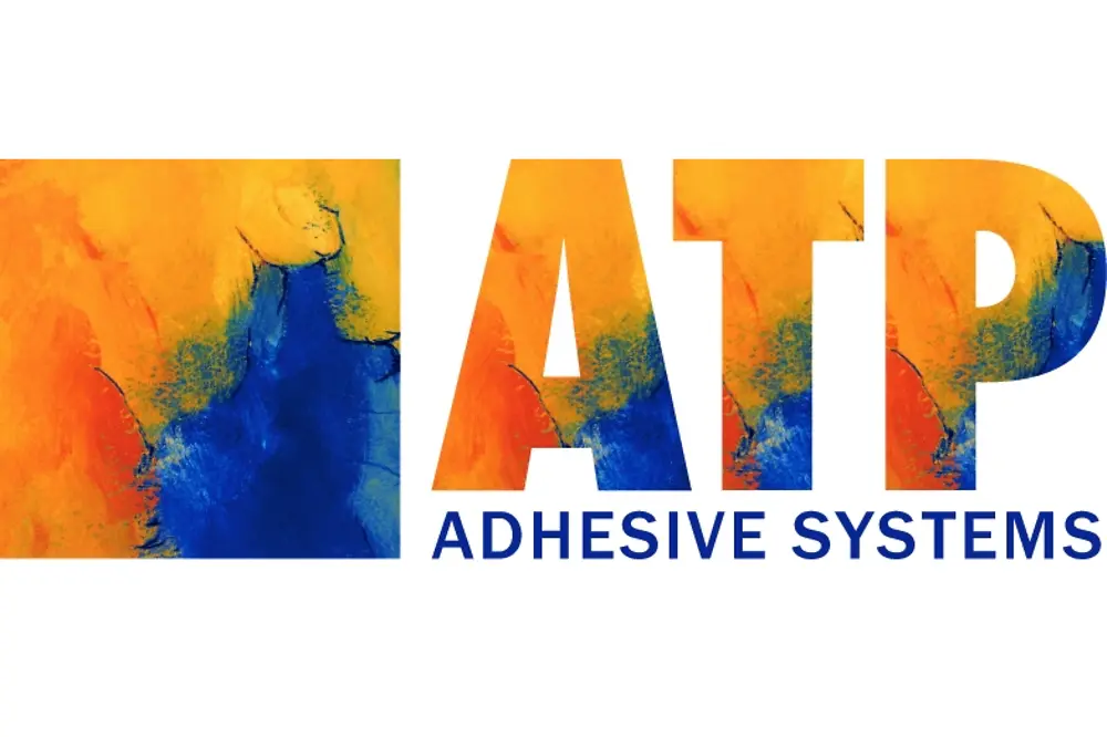 Logotipo de ATP Adhesive Systems, con las letras “ATP” en tonos naranjas y azules y la inscripción “Adhesive Systems” debajo.