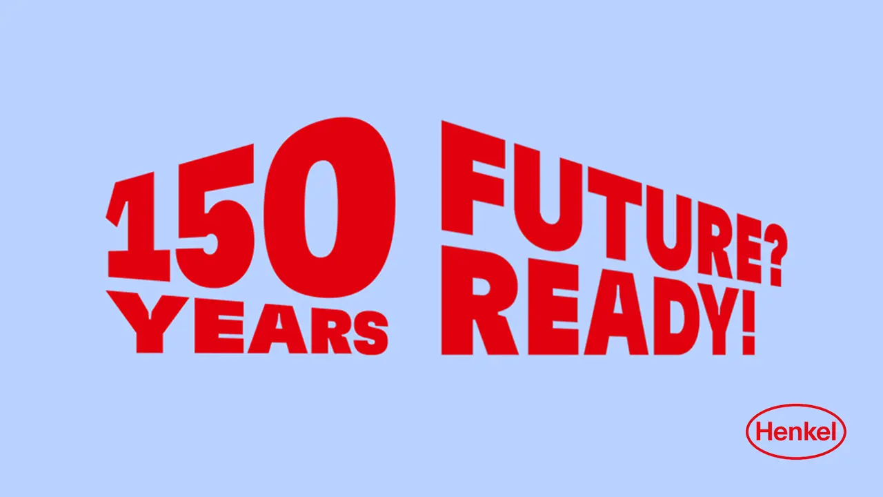 Diseño gráfico con el texto “150 Years” y “Future? Ready!” en letras rojas sobre fondo azul claro, acompañado del logotipo de Henkel.