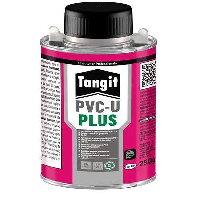 Envase de 250 g de Tangit PVC-U PLUS en formato pincel, adhesivo para sistemas de tuberías de PVC-U con certificaciones para agua potable.