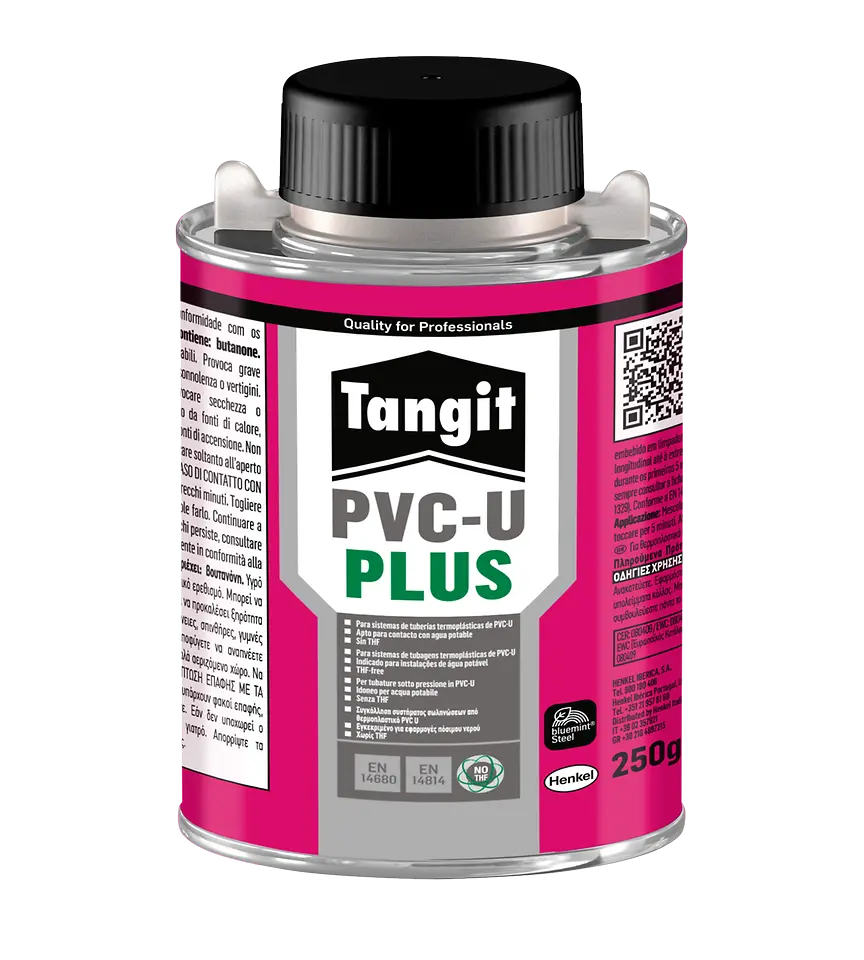 Envase de 250 g de Tangit PVC-U PLUS en formato pincel, adhesivo para sistemas de tuberías de PVC-U con certificaciones para agua potable.