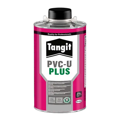 Envase de 1 kg de Tangit PVC-U PLUS en formato pincel, adhesivo para tuberías de PVC-U certificado para instalaciones de agua potable.