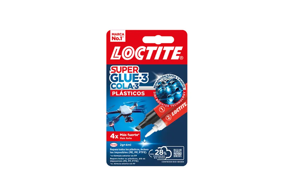 Imagen del envase de Loctite Super Glue-3 Plásticos, con diseño en rojo y azul, que destaca su nueva fórmula más fuerte y apta para reparar plásticos de alta dificultad.