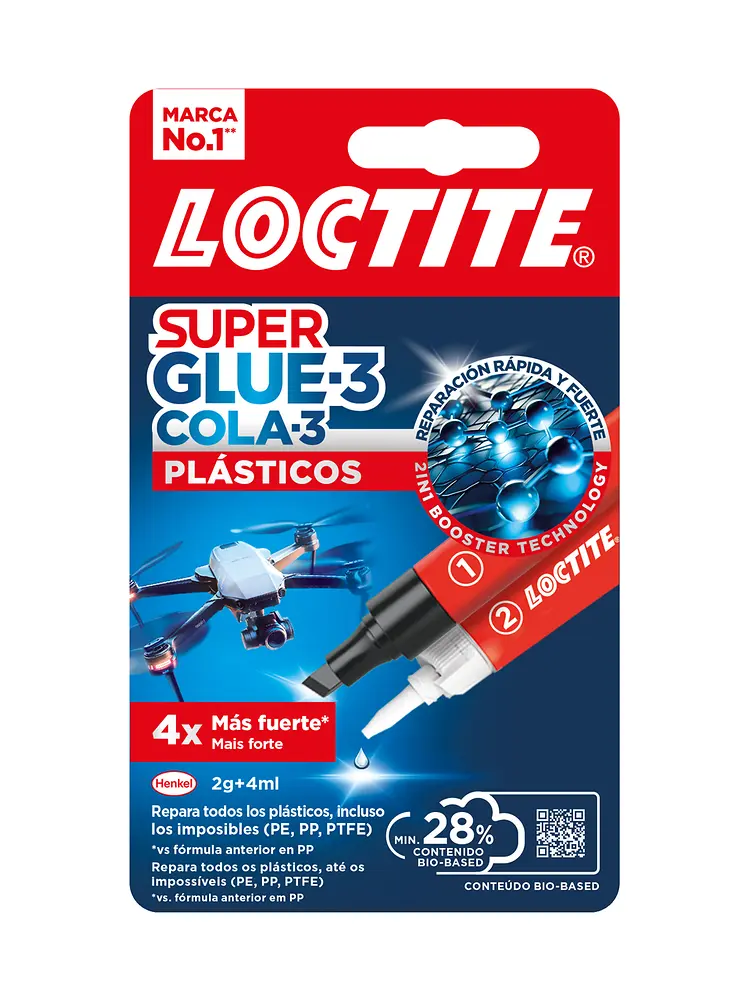 Imagen del envase de Loctite Super Glue-3 Plásticos, con diseño en rojo y azul, que destaca su nueva fórmula más fuerte y apta para reparar plásticos de alta dificultad.