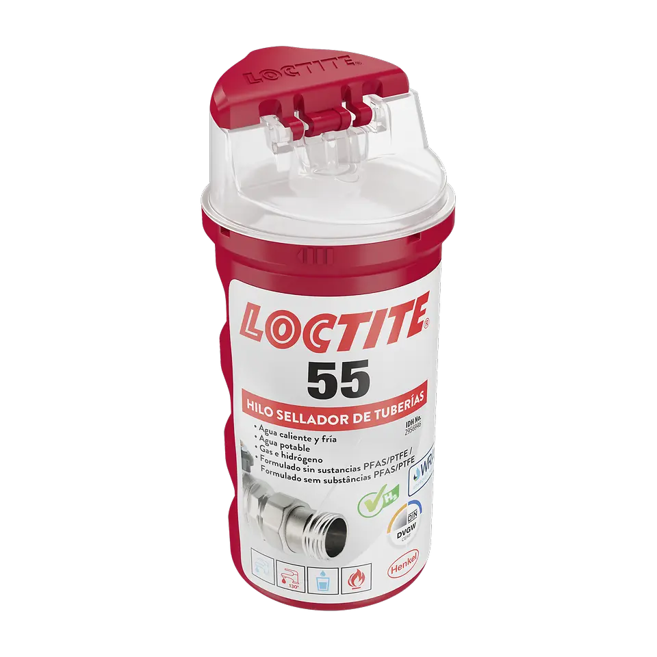 Envase de LOCTITE 55 sobre fondo blanco, sellador de roscas para tuberías utilizado en instalaciones de fontanería y aplicaciones profesionales.