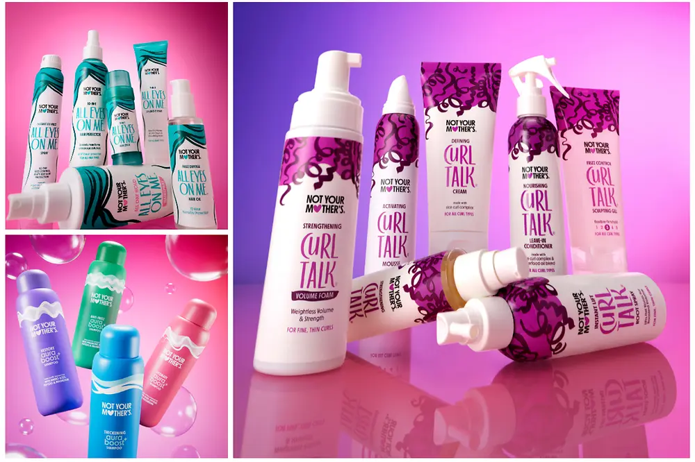 Collage de varias colecciones de productos capilares Not Your Mother’s como Curl Talk, Beach Babe, Clean Freak y All Eyes On Me.
