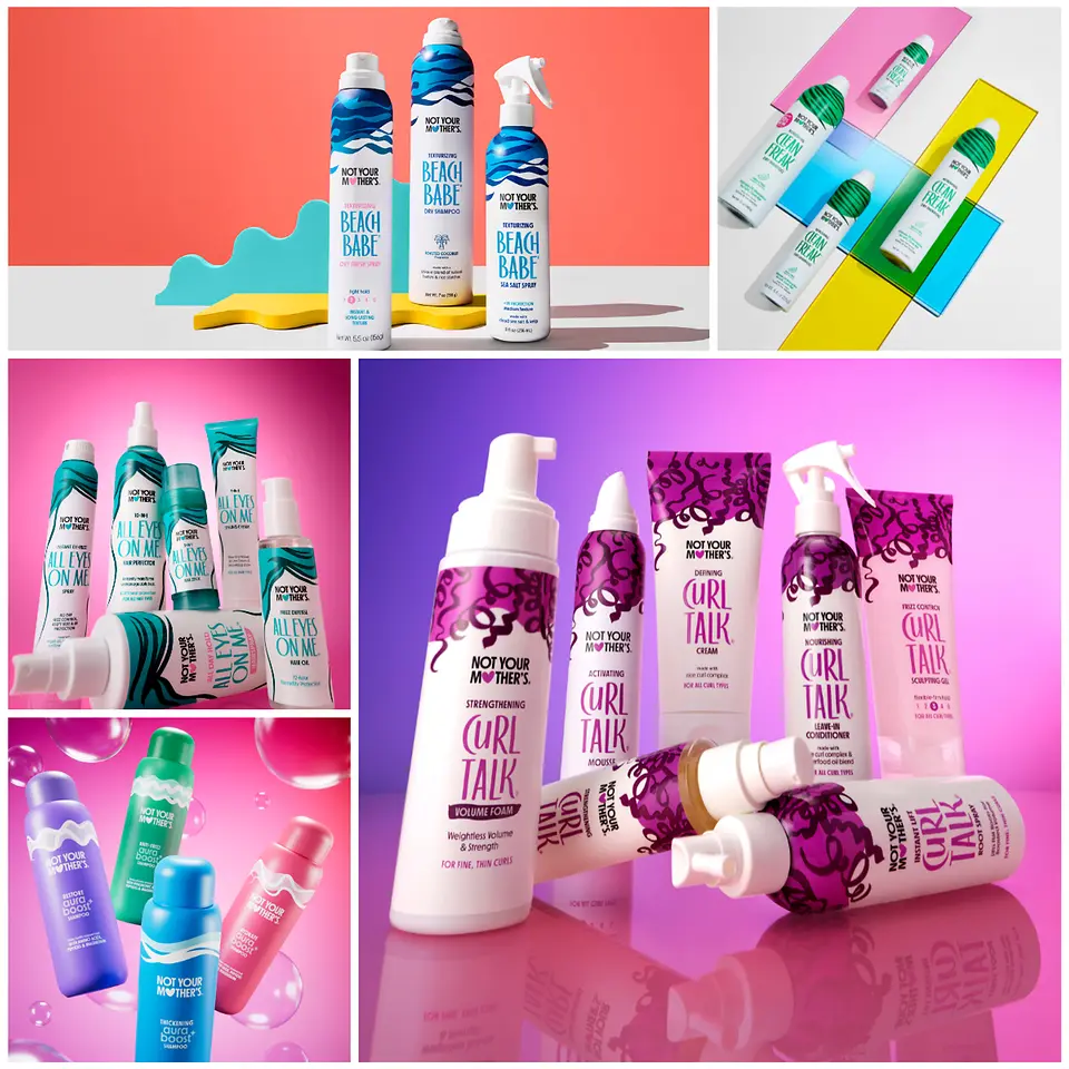 Collage de varias colecciones de productos capilares Not Your Mother’s como Curl Talk, Beach Babe, Clean Freak y All Eyes On Me.