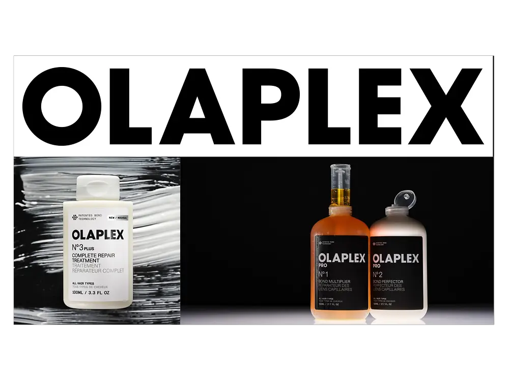 Productos de Olaplex en primer plano junto al logotipo de la marca.