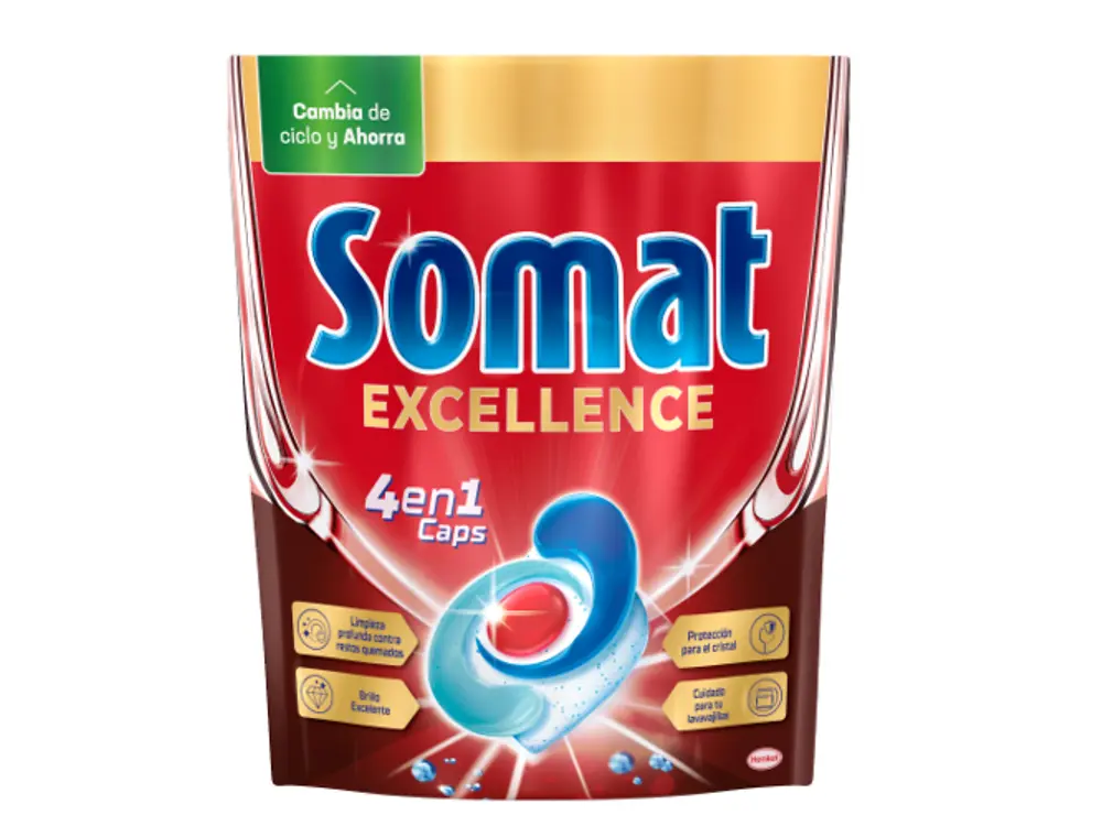Imagen del producto Somat Excellence expuesto sobre un fondo blanco, mostrando el envase en posición frontal con el distintivo “Trofeo del Hogar 2025” a su lado.