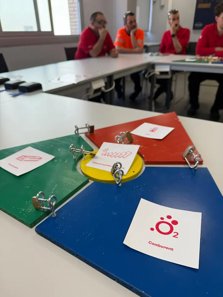 Empleados de Henkel participan en una dinámica formativa sobre prevención de incendios durante el World SHE Day, identificando los elementos necesarios para el fuego en una sesión práctica de seguridad. 
